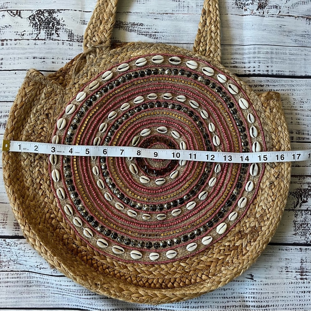 ANTIK KRAFT Jute Woven Shell Beaded Large Round Boho Shoulder Bag NWT - Picture 7 of 8
